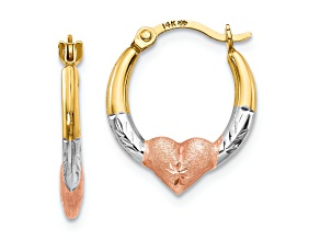 14K Yellow Gold with Rose and White Rhodium Heart Hoop Earrings