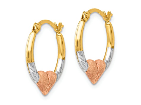 14K Yellow Gold with Rose and White Rhodium Heart Hoop Earrings