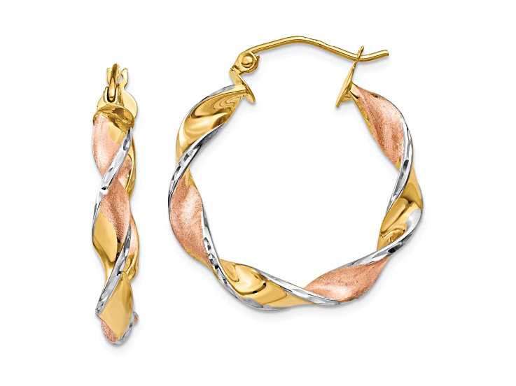 14k Yellow Gold and Rhodium Over 14k Yellow Gold 3/4" Satin Twisted Hoop Earrings