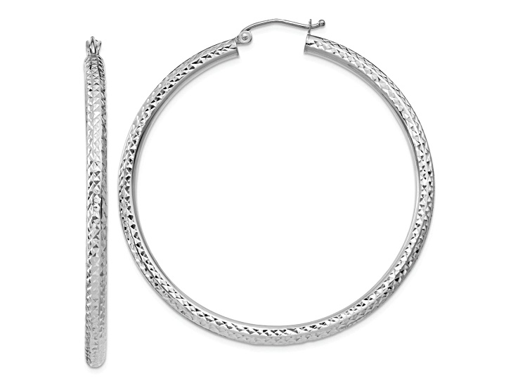 Rhodium Over 14k White Gold Diamond-Cut 1 15/16" Round Hoop Earrings