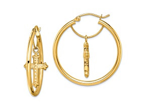 14k Yellow Gold 1 1/4" Diamond-Cut Cross Dangle Hoop Earrings