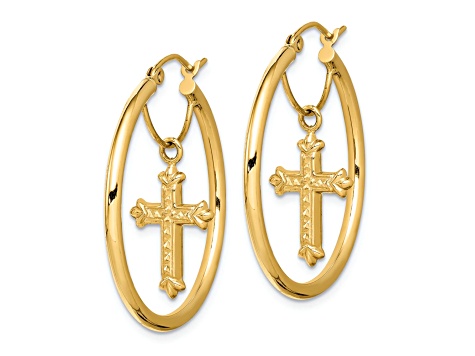 14k Yellow Gold 1 1/4" Diamond-Cut Cross Dangle Hoop Earrings