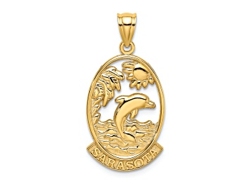 Picture of 14k Yellow Gold Textured SARASOTA with Dolphin Sunset Scene Charm
