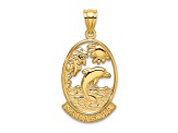 14k Yellow Gold Textured SARASOTA with Dolphin Sunset Scene Charm