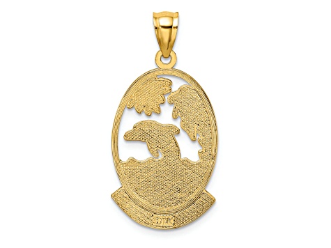 14k Yellow Gold Textured SARASOTA with Dolphin Sunset Scene Charm