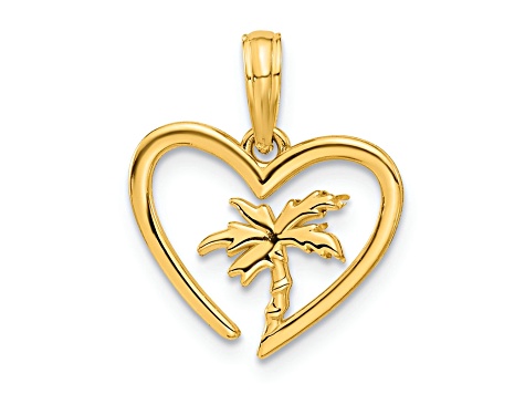 14k Yellow Gold Polished Palm Tree In Heart Pendant
