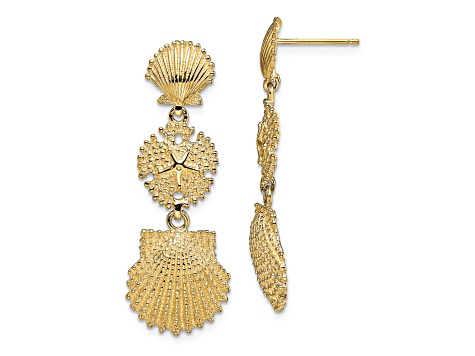 14k Yellow Gold Textured Scallop, Sand Dollar and Scallop Dangle Earrings