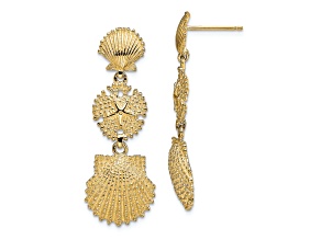 14k Yellow Gold Textured Scallop, Sand Dollar and Scallop Dangle Earrings