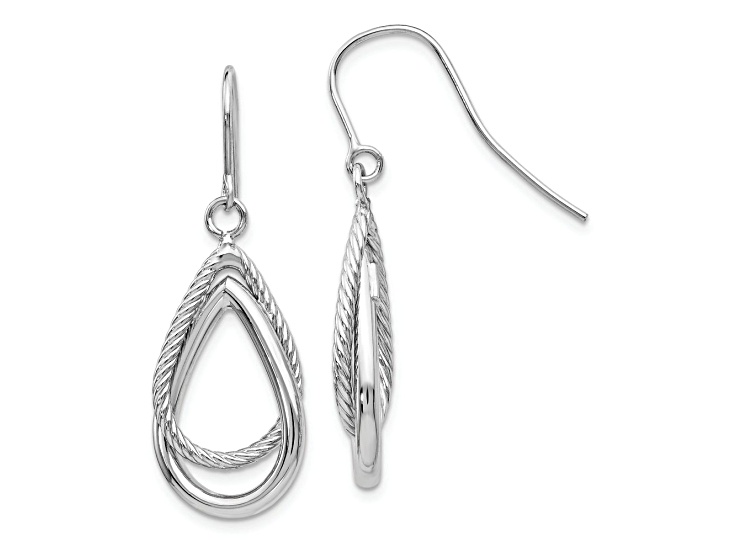 Rhodium Over 14k White Gold Polished and Textured Teardrop Dangle Earrings