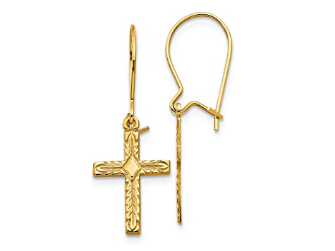 14k Yellow Gold Polished and Satin Cross Dangle Earrings