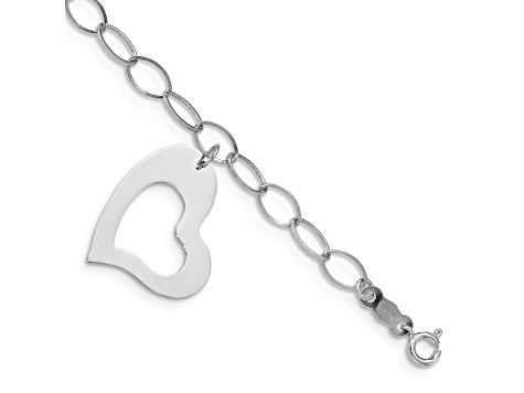 Rhodium Over 14k White Gold Polished Dangle Heart Charm Bracelet