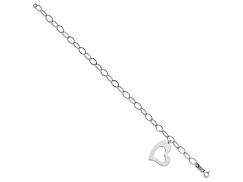 Rhodium Over 14k White Gold Polished Dangle Heart Charm Bracelet