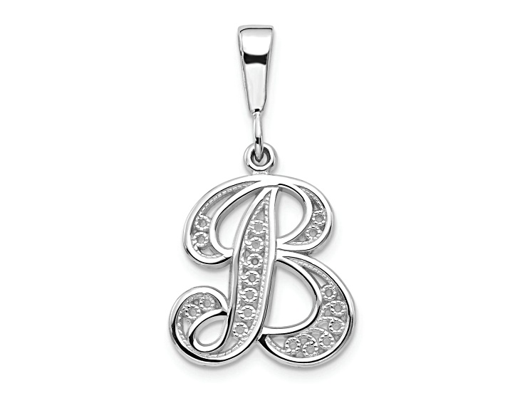 Rhodium Over 14k White Gold Solid Polished Script Filigree Textured Letter B Initial Pendant