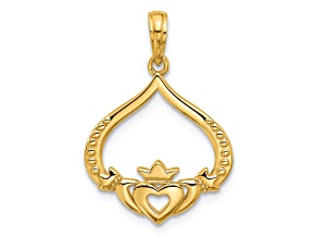 14k Yellow Gold Polished and Textured Claddagh Pendant