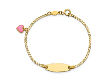 Picture of 14k Yellow Gold Polished Kids ID with Pink Enameled Puffed Heart Bracelet