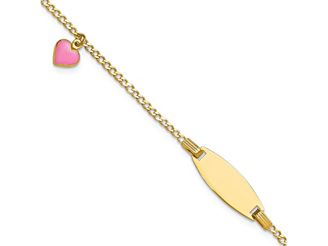 14k Yellow Gold Polished Kids ID with Pink Enameled Puffed Heart Bracelet