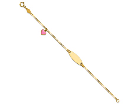 14k Yellow Gold Polished Kids ID with Pink Enameled Puffed Heart Bracelet