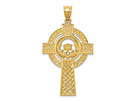 14K Yellow Gold Celtic Claddagh Cross Pendant