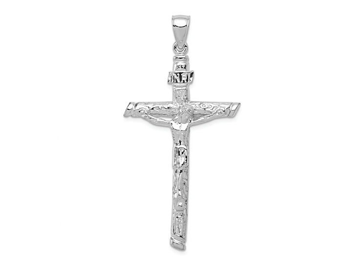 Rhodium Over 10K White Gold Textured INRI Crucifix Pendant
