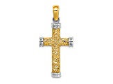 Rhodium Over 14K Two-tone Gold Scroll and Double Endcaps Cross Charm Pendant