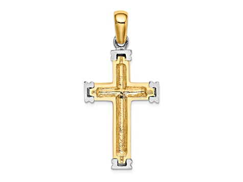 Rhodium Over 14K Two-tone Gold Scroll and Double Endcaps Cross Charm Pendant