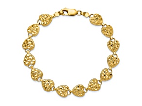 14k Yellow Gold Polished, Textured and Diamond-Cut Hearts Link Bracelet