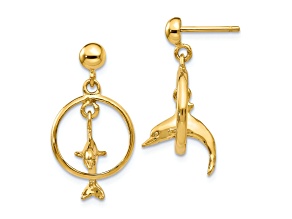 14k Yellow Gold Polished 3D Dolphin Jumping Through Hoop Dangle Earrings