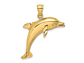 14k Yellow Gold Polished and Textured Jumping Dolphin Pendant