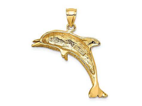 14k Yellow Gold Polished and Textured Jumping Dolphin Pendant