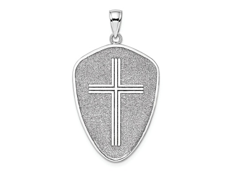 14K White Gold Cross Shield with Joshua 1:9 On Reverse Charm Pendant