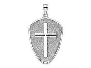 14K White Gold Cross Shield with Joshua 1:9 On Reverse Charm Pendant