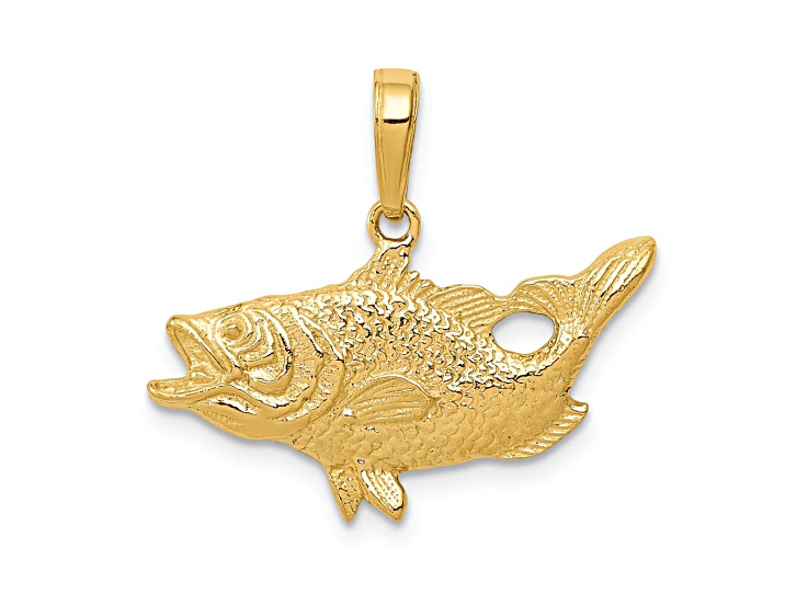 10K Yellow Gold Textured Open Mouthed Bass Fish Pendant