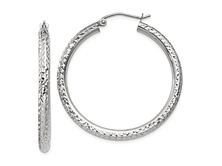 Rhodium Over 10k White Gold Diamond-Cut 1 3/16" Round Hoop Earrings