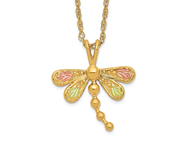 10k Yellow Gold With 12k Rose Gold and 12k Green Gold Accent Dragonfly Pendant With 18 Inch Chain