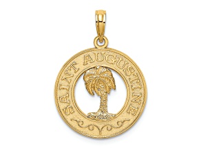 14k Yellow Gold Textured Saint Augustine with Palm Tree Circle Charm