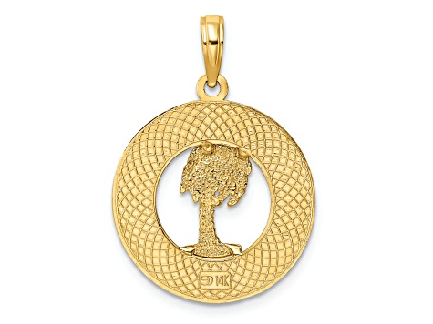 14k Yellow Gold Textured Saint Augustine with Palm Tree Circle Charm