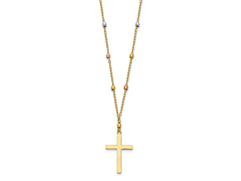 14K Yellow, White and Rose Gold Diamond-cut Beaded Cross Necklace