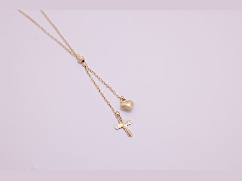 14K Yellow Gold Puffed Heart and Diamond-cut Cross Graduated Chain with 2-inch Extension Necklace