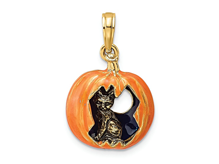 14k Yellow Gold 3D Orange and Black Enameled Pumpkin with Black Cat and Moon Charm