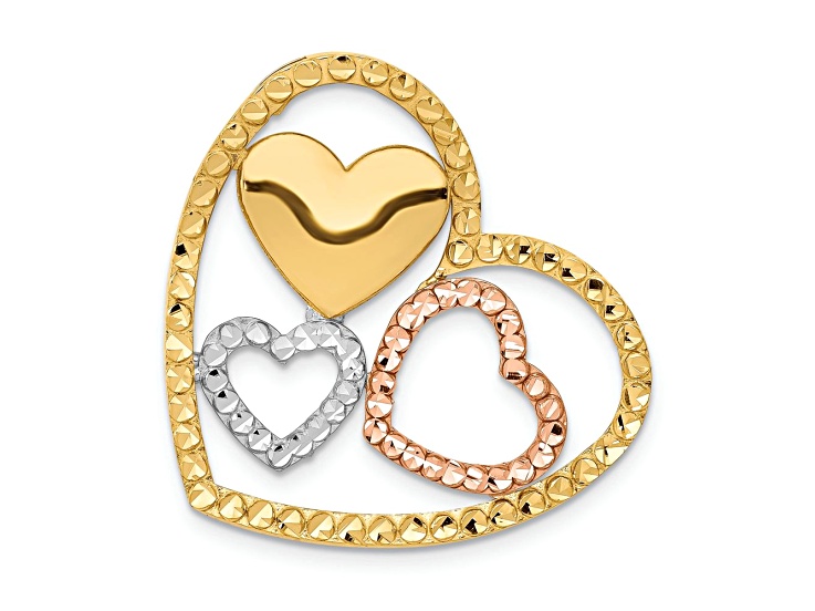14k Two-Tone with Rhodium Over 14k Yellow Gold Diamond-Cut Heart Chain Slide Pendant