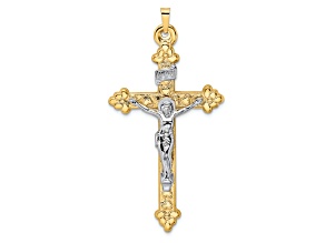 14k Yellow Gold and 14k White Gold Polished/Textured INRI Budded Crucifix Pendant