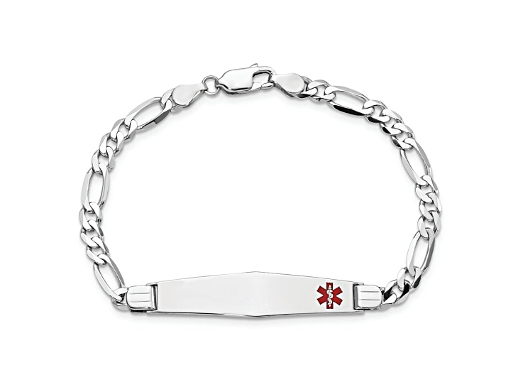Rhodium Over 14k White Gold Medical Soft Diamond Shape Red Enamel Figaro Link ID Bracelet