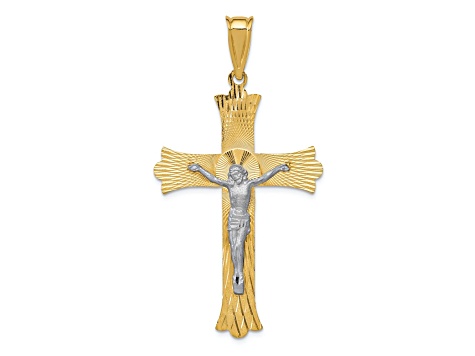 14k Yellow Gold and 14k White Gold Polished Satin Diamond-Cut Crucifix Cross Pendant