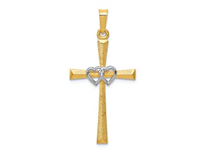 14k Yellow Gold and 14k White Gold Textured and Polished Latin Cross with Hearts Pendant