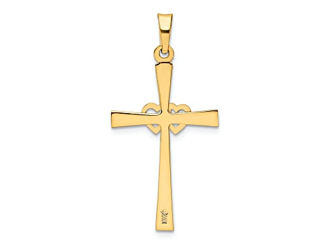 14k Yellow Gold and 14k White Gold Textured and Polished Latin Cross with Hearts Pendant