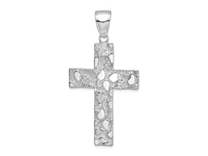 Rhodium Over 14k White Gold Polished and Textured Nugget Style Cross Pendant