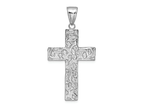 Rhodium Over 14k White Gold Polished and Textured Nugget Style Cross Pendant