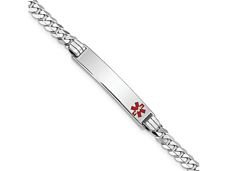 Rhodium Over 14k White Gold Medical Red Enamel Flat Curb Link ID Bracelet