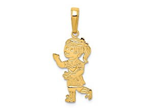 14k Yellow Gold Satin and Textured Little Girl Walking with Flowers Pendant