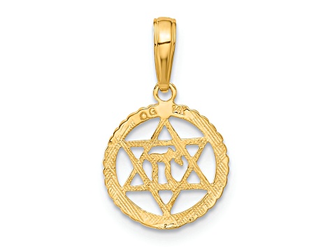 14k Yellow Gold Textured Star of David and Chai in Circle Pendant